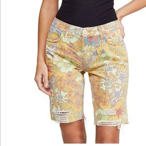 Free People Alani Print Floral Banana Combo Cutoff Distressed Jean Shorts